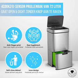 4goodz Smart Waste afvalbak afvalscheiding prullenbak met sensor 72ltr - RVS